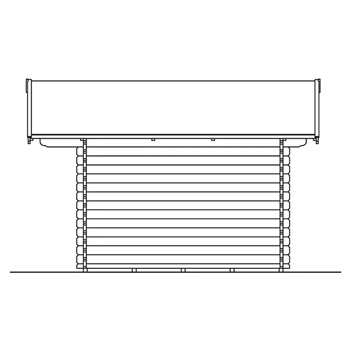 SKAN HOLZ Gartenhaus Arosa 2 - Außenmaß inkl. Dachüberstand (B x T): 400 x 430 cm, Holz, Natur - Abbildung eines Blockhauses mit einem großen, rechteckigen Aufsatz, der oben sitzt und das Design ergänzt.