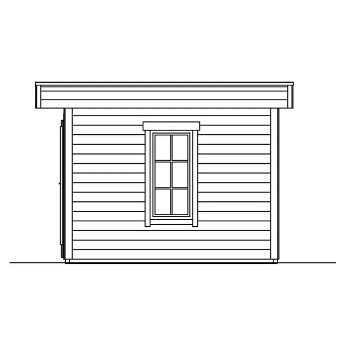 SKAN HOLZ Gartenhaus Basel 1 - Außenmaß inkl. Dachüberstand (B x T): 460 x 360 cm, Holz, Natur - Ansicht eines Holzschuppens mit Fenster und Tür, dargestellt in einer klaren, technischen Zeichnung.