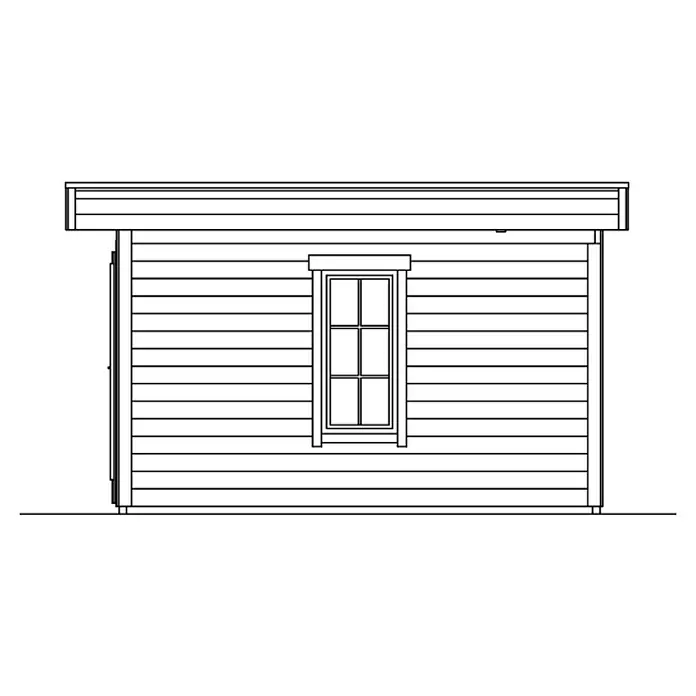 SKAN HOLZ Gartenhaus Basel 2 - Außenmaß inkl. Dachüberstand (B x T): 460 x 440 cm, Holz, Natur - Ansicht eines Holzgartenhauses mit Fenster und Vordach. Die Wand besteht aus horizontalen Brettern.