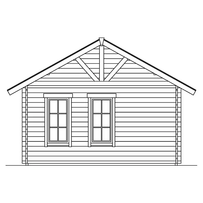 SKAN HOLZ Gartenhaus Bern 2 - Außenmaß inkl. Dachüberstand (B x T): 500 x 640 cm, Holz, Natur, Dachschalung & Dachlattung - Zeichnung einer kleinen Holzhütte mit Giebeldach, zwei Fenstern und horizontaler Holzverkleidung.