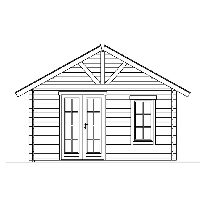 SKAN HOLZ Gartenhaus Bern 4 - Außenmaß inkl. Dachüberstand (B x T): 500 x 740 cm, Holz, Natur, 27,72 m² - Illustration eines Blockhauses mit Doppeltür und Fenster unter einem Giebeldach.