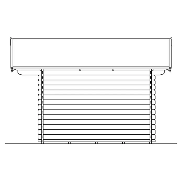 SKAN HOLZ Gartenhaus Davos 1 - Außenmaß inkl. Dachüberstand (B x T): 480 x 430 cm, Holz, Natur - Schemazeichnung eines Blockhauses mit rechteckigem Aufbau und horizontaler Holzverkleidung unter einem flachen Dach.