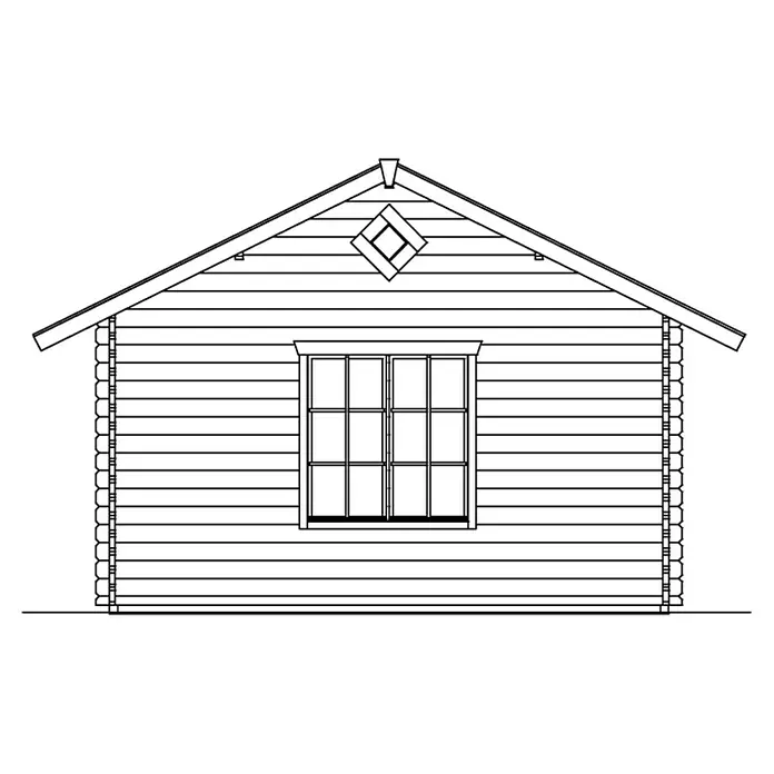 SKAN HOLZ Gartenhaus Esbjerg 2 - Außenmaß inkl. Dachüberstand (B x T): 520 x 660 cm, Holz, Natur - Detaillierte Schemazeichnung eines Blockhauses mit Satteldach, Fenster und dekorativem Giebelfenster, ideal zur Bauplanung und Visualisierung.