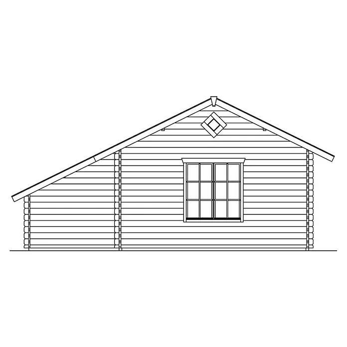 SKAN HOLZ Gartenhaus Esbjerg 3 - Außenmaß inkl. Dachüberstand (B x T): 720 x 660 cm, Holz, Natur - Detaillierte Schwarz-Weiß-Zeichnung eines Blockhauses mit Fenster und dekorativem Giebelfenster, die architektonische Details hervorhebt.