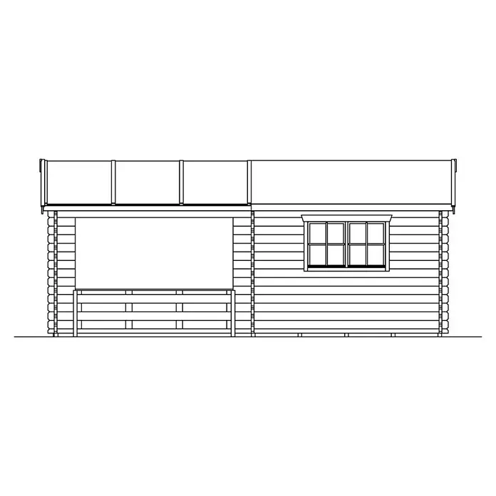 SKAN HOLZ Gartenhaus Holmestrand - Außenmaß inkl. Dachüberstand (B x T): 420 x 650 cm, Holz, Natur - Illustration eines Holzhauses mit Fenster und Veranda, die traditionelle Bauweise und das gemütliche Design hervorhebt.