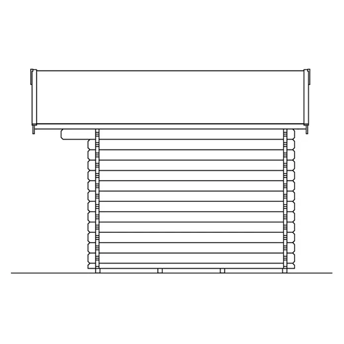 SKAN HOLZ Gartenhaus Langesund 1 - Außenmaß inkl. Dachüberstand (B x T): 380 x 350 cm, Holz, Natur - Eine detaillierte Schemazeichnung eines Blockhauses mit rechteckigen Holzscheiten und einem aufliegenden Dach. Die Bauweise ist deutlich erkennbar.