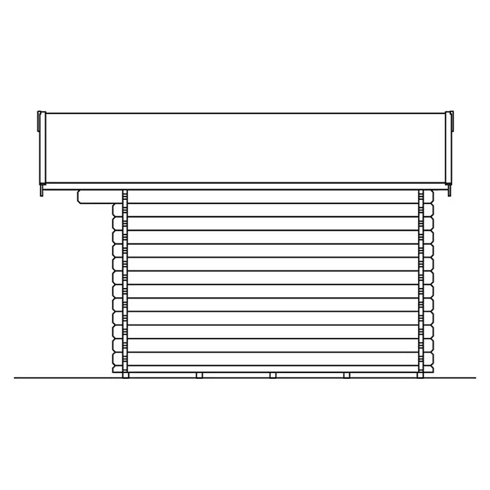 SKAN HOLZ Gartenhaus Langesund 2 - Außenmaß inkl. Dachüberstand (B x T): 380 x 400 cm, Holz, Natur - Abbildung eines Blockhauses mit horizontalen Holzscheiten und einem rechteckigen Dachaufbau.