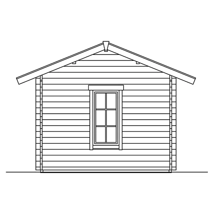 SKAN HOLZ Gartenhaus Lugano 1 - Außenmaß inkl. Dachüberstand (B x T): 500 x 380 cm, Holz, Natur, 2 Lagen Dachschaltung - Illustration einer kleinen Holzhütte mit Fenster und Giebeldach, dargestellt in Schwarzweiß mit klaren Linien.