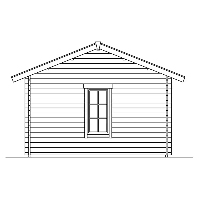SKAN HOLZ Gartenhaus Lugano 2 - Außenmaß inkl. Dachüberstand (B x T): 500 x 460 cm, Holz, Natur, 1 Lage Dachschalung - Skizze eines Holzschuppens mit einem Fenster in der Mitte. Detaillierte Linien zeigen die Konstruktion und das Design des Schuppens.
