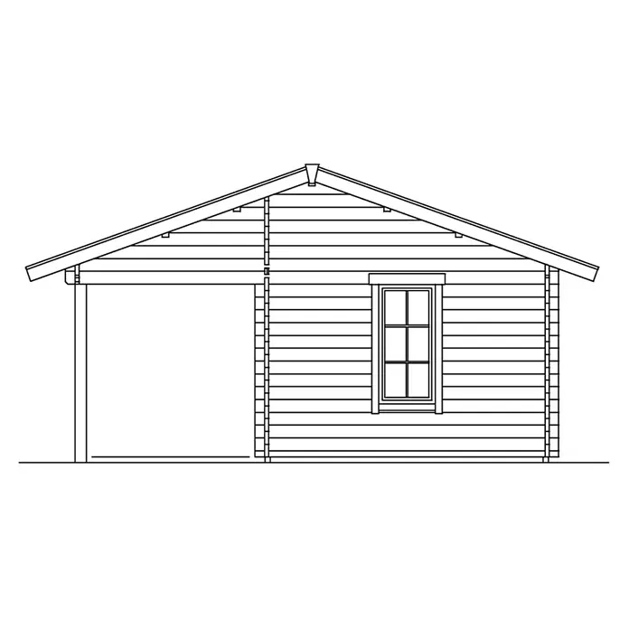 SKAN HOLZ Gartenhaus Luzern - Außenmaß inkl. Dachüberstand (B x T): 460 x 580 cm, Holz, Natur, Dachschalung & Dachlattung - Ansicht eines Blockhauses mit Satteldach, das ein Garagentor und ein Fenster umfasst, in einer klaren Strichzeichnung dargestellt.