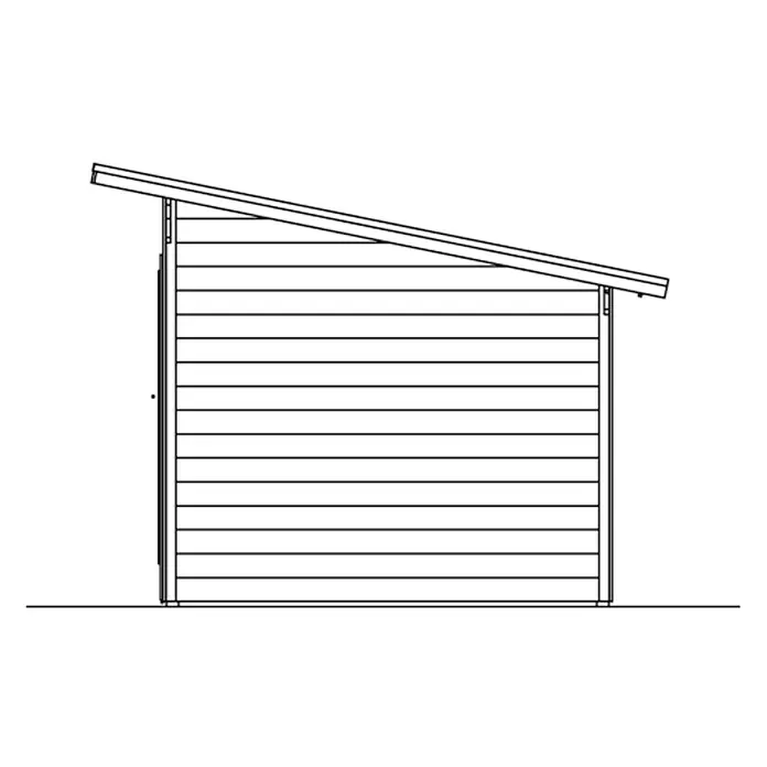 Gartenhaus Ostende - Außenmaß inkl. Dachüberstand (B x T): 390 x 310 cm, Holz, Schwedenrot - Darstellung eines Gartenhauses mit Pultdach, dessen Seitenwand mit horizontalen Brettern verkleidet ist und eine einfache Türöffnung aufweist.