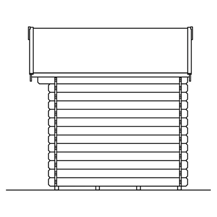 SKAN HOLZ Gartenhaus Palma 1 - Außenmaß inkl. Dachüberstand (B x T): 280 x 255 cm, Holz, Natur - Skizze eines Blockhauses mit rechteckigem Dachaufbau, Darstellung der Bauweise mit horizontalen Stämmen und stabilen Fundament.