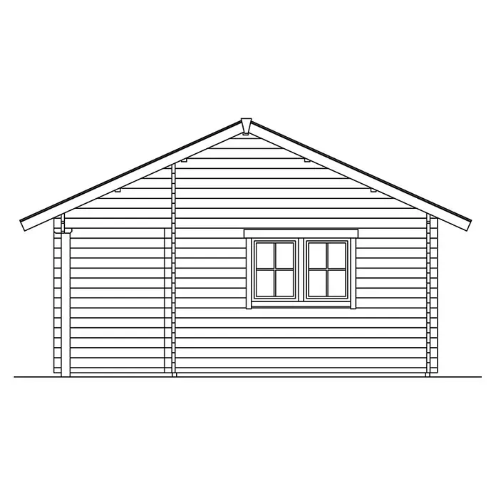 SKAN HOLZ Gartenhaus St. Moritz - Außenmaß inkl. Dachüberstand (B x T): 680 x 580 cm, Holz, Natur, 1 Lage Dachschalung - Seitenansicht eines Blockhauses mit Fenster und Tür, das traditionelle Handwerkskunst und robuste Bauweise vereint.