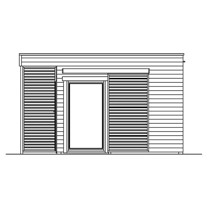 SKAN HOLZ Gartenhaus Tokio 2 - Außenmaß inkl. Dachüberstand (B x T): 340 x 440 cm, Holz, Natur, 11,56 m², Einschalig - Ansicht eines Gartenhauses mit horizontaler Holzverkleidung, Tür und Fensterläden für einen rustikalen und modernen Look.