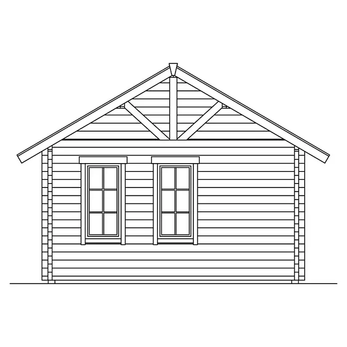 SKAN HOLZ Gartenhaus Toronto 1 - Außenmaß inkl. Dachüberstand (B x T): 500 x 500 cm, Holz, Natur, 17,64 m², 1 Lage Dachschalung - Illustration eines Holzhauses mit Satteldach, zwei Fenstern und sichtbaren Blockbohlen.