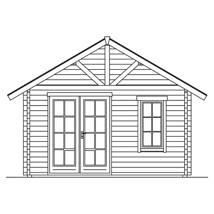 SKAN HOLZ Gartenhaus Toronto 4 - Außenmaß inkl. Dachüberstand (B x T): 500 x 740 cm, Holz, Natur, 27,72 m², 1 Lage Dachschalung - Illustration eines kleinen Holzhauses mit Doppeltür, Fenster und Satteldach mit dekorativem Giebeldetail.