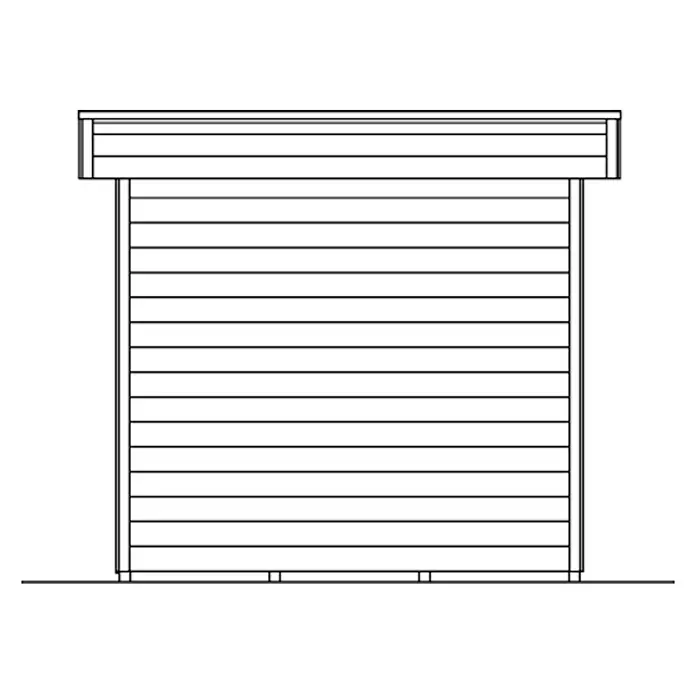 SKAN HOLZ Gartenhaus Venlo 1 - Außenmaß inkl. Dachüberstand (B x T): 290 x 290 cm, Holz, Natur - Ansicht eines geschlossenen Rolltors mit horizontalen Lamellen. Ideal für Sicherheit und stilvolles Design an Gebäuden.