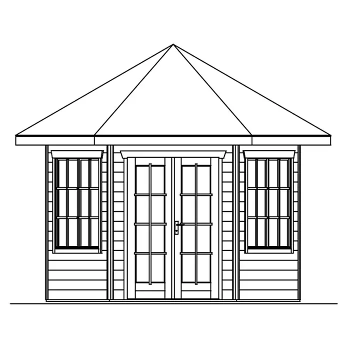 SKAN HOLZ Gartenpavillon Almelo - Holz, Schwedenrot - Illustration eines Gartenhauses mit Doppeltür und Fenstern. Das Gartenhaus hat ein markantes Pyramidendach und horizontale Holzverkleidung.