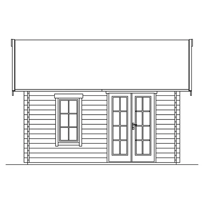 SKAN HOLZ Gartenhaus Bern 1 - Außenmaß inkl. Dachüberstand (B x T): 500 x 500 cm, Holz, Natur, 17,64 m² - Zeichnung eines Blockhauses mit Fenster und Doppeltür. Präsentiert ein attraktives Design für Gartenhäuser oder kleine Wohngebäude.