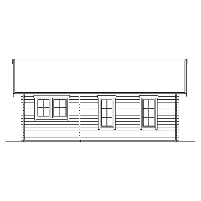 SKAN HOLZ Gartenhaus Bern 4 - Außenmaß inkl. Dachüberstand (B x T): 500 x 740 cm, Holz, Natur, 27,72 m² - Die Zeichnung zeigt ein kleines Holzhaus mit drei Fenstern unter einem breiten Dach. Es ist ein detaillierter Aufriss des Gebäudes.