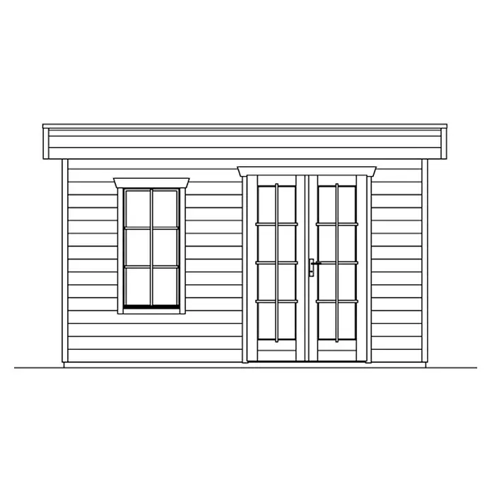 SKAN HOLZ Gartenhaus Breda 1 - Außenmaß inkl. Dachüberstand (B x T): 420 x 360 cm, Holz, Natur - Schemazeichnung eines Gartenhauses mit Doppeltür und Fenster. Das Gartenhaus hat eine horizontale Holzverkleidung und ein schützendes Vordach.