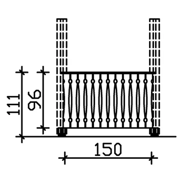 SKAN HOLZ Brüstungsgeländer - Passend für: Skan Holz Pavillon Nice 2, Schiefergrau - Bild einer schematischen Zeichnung eines Geländers mit den Maßangaben 111, 96 und 150.