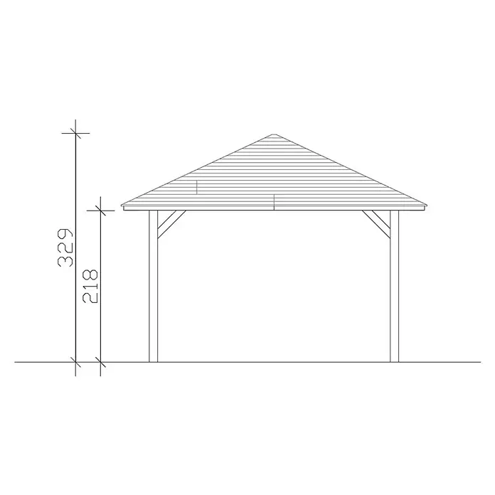 SKAN HOLZ Pavillon Orleans 2 - L x B: 786 x 439 cm, Holz, Schiefergrau - Seitenansicht eines Pavillons mit Abmessungen, die die Gesamthöhe (329) und die Höhe bis zum Dach (218) zeigen.