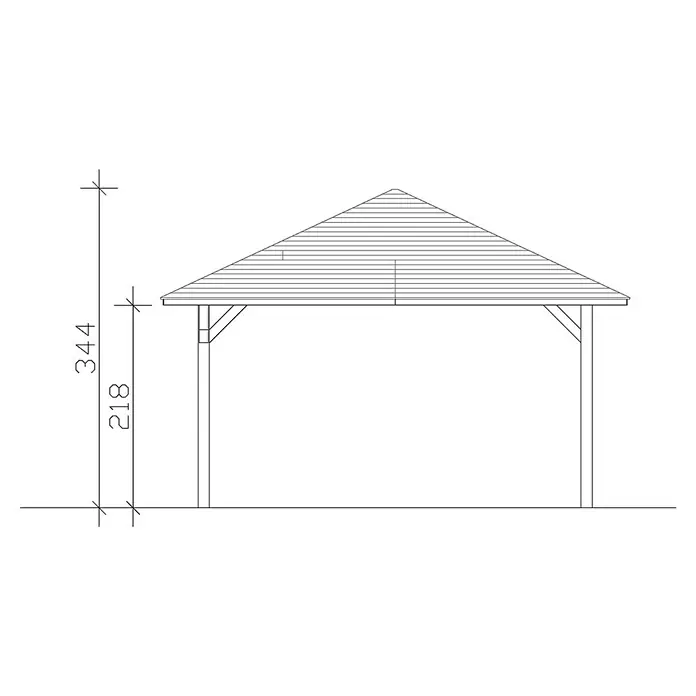 SKAN HOLZ Pavillon Cannes 3 - L x B: 504 x 504 cm, Natur - Seitenansicht eines Pavillons mit Spitzdach und Maßangaben zur Gesamthöhe und Höhe der Pfosten. Technische Zeichnung.
