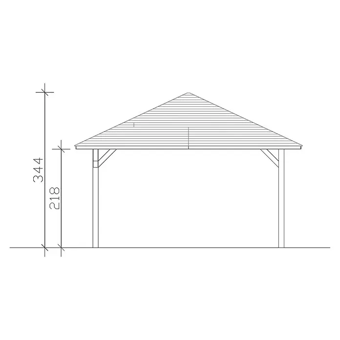 SKAN HOLZ Pavillon Cannes 4 - L x B: 569 x 569 cm, Schiefergrau - Abbildung eines Pavillons mit den Höhenangaben 218 und 344. Das Dach ist mit horizontalen Linien dargestellt.