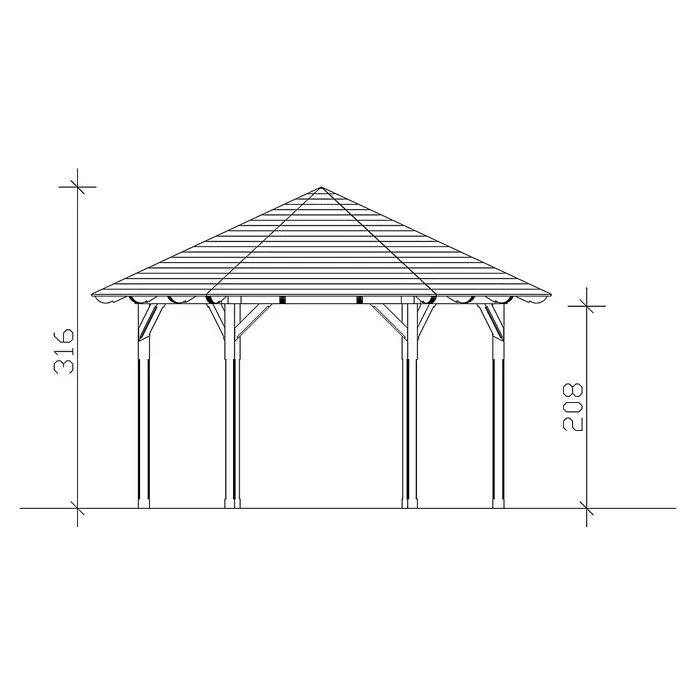 SKAN HOLZ Pavillon Colmar 3 - L x B: 416 x 480 cm, Natur - Eine Strichzeichnung eines Pavillons mit Maßangaben, die die Struktur und die Abmessungen detailliert beschreiben.