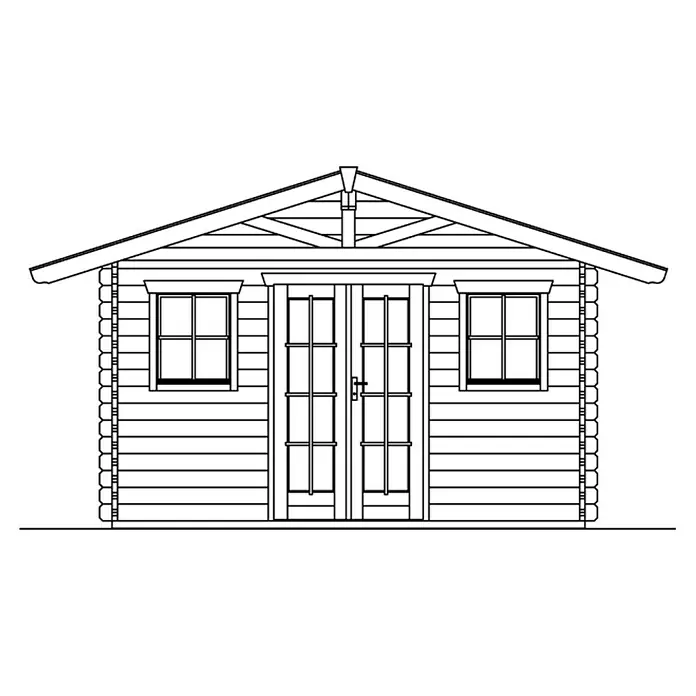 SKAN HOLZ Gartenhaus Davos 1 - Außenmaß inkl. Dachüberstand (B x T): 480 x 430 cm, Holz, Natur - Illustration eines Blockhauses mit Satteldach, Fenstern und Doppeltür, dargestellt in klaren Linien. Solide Bauweise für Garten oder Freizeit.