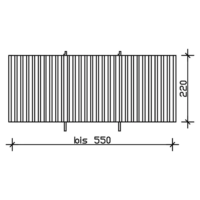 SKAN HOLZ Rückwand - B x H: 550 x 220 cm, Passend für: Skan Holz Carports, Nussbaum - Skizze eines Lamellenrosts mit den Maßen 220 mm Höhe und bis zu 550 mm Breite, ideal für Möbelbau oder als architektonisches Detail.