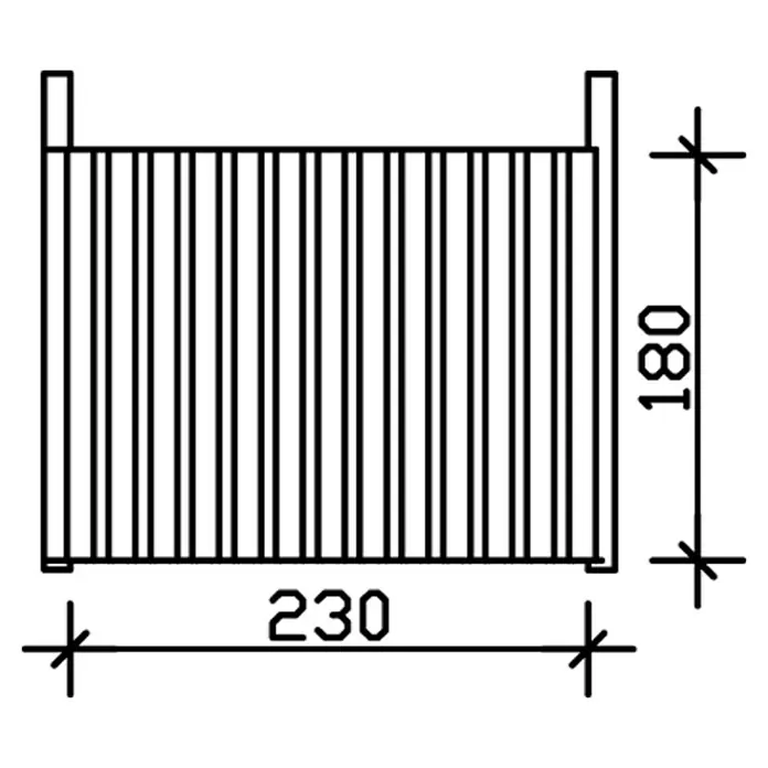 SKAN HOLZ Seitenwand - B x H: 230 x 180 cm, Passend für: Skan Holz Carports, Eiche Hell - Abbildung eines Metallregals mit den Maßen 230 x 180, das die Konstruktionsdetails und die Abmessungen des Regals hervorhebt.