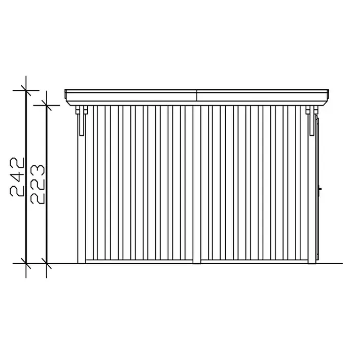 SKAN HOLZ Carport Emsland - Außenmaß inkl. Dachüberstand (B x T): 4,04 x 8,46 m, Einzelcarport, Natur, Materialspezifizierung Dach: Aluminium, Mit Abstellraum - Schemazeichnung eines Schuppens mit einer Höhe von 242 cm und einer Tiefe von 223 cm. Praktisch für die Gartenaufbewahrung.