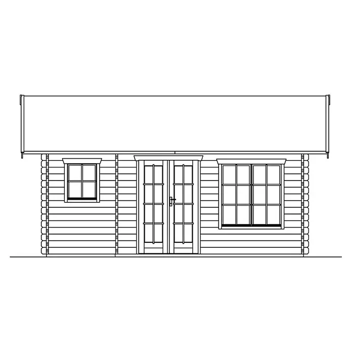 SKAN HOLZ Gartenhaus Esbjerg 1 - Außenmaß inkl. Dachüberstand (B x T): 480 x 620 cm, Holz, Natur - Detaillierte Zeichnung eines Blockhauses mit Fenstern und Doppeltür. Die Holzkonstruktion ist klar erkennbar.