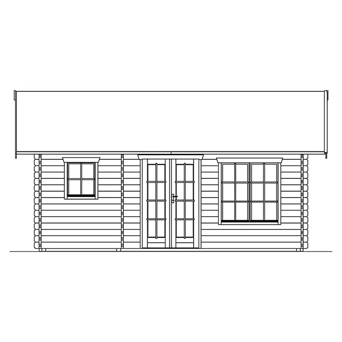 SKAN HOLZ Gartenhaus Esbjerg 2 - Außenmaß inkl. Dachüberstand (B x T): 520 x 660 cm, Holz, Natur - Ansicht eines Blockhauses mit Doppeltür und Fenstern unter einem weit überhängenden Dach.