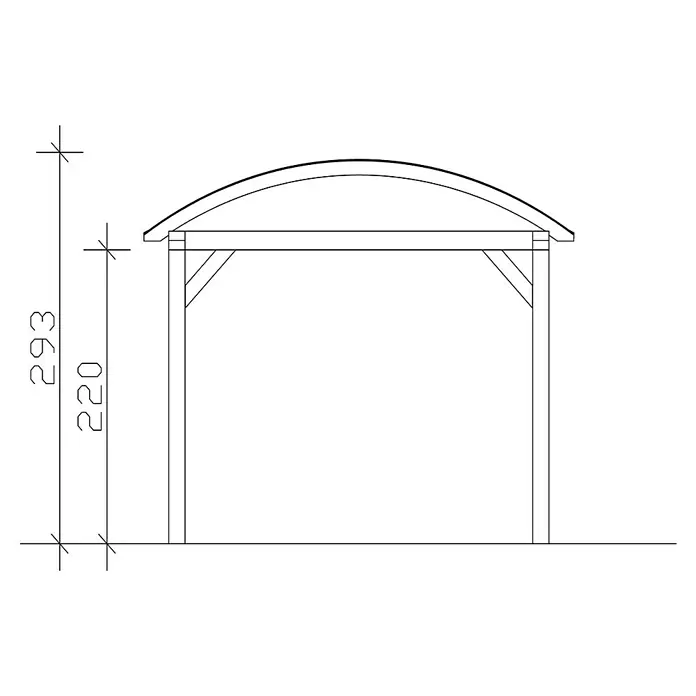SKAN HOLZ Carport Franken - Außenmaß inkl. Dachüberstand (B x T): 3,76 x 9,69 m, Einzelcarport, Weiß - Schemazeichnung eines Unterstandes mit Maßen. Die Gesamthöhe beträgt 293 Einheiten, die Pfosten sind 220 Einheiten hoch.