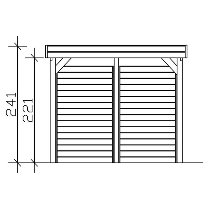 SKAN HOLZ Carport Friesland - Außenmaß inkl. Dachüberstand (B x T): 3,14 x 5,55 m, Einzelcarport, Schiefergrau, Mit Seitenwänden & Rückwand - Holzschuppen-Schema mit den Maßen 241 und 221. Eine detaillierte Ansicht des Holzschuppens, die die Gesamtstruktur und -abmessungen hervorhebt.