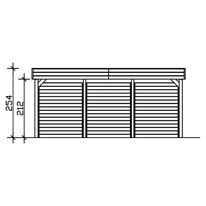 SKAN HOLZ Carport Friesland - Außenmaß inkl. Dachüberstand (B x T): 5,57 x 5,55 m, Doppelcarport, Grün - Abbildung einer Holzkonstruktion mit Maßangaben. Das Bild zeigt eine detaillierte Ansicht einer Lagerstruktur mit horizontalen Brettern und Maßangaben.