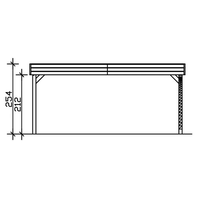 SKAN HOLZ Carport Friesland - Außenmaß inkl. Dachüberstand (B x T): 5,57 x 5,55 m, Doppelcarport, Grün, Mit 1 Einfahrtsbogen - Technische Zeichnung einer Überdachung mit Maßen, die die Höhe von 212 und 254 Einheiten anzeigen, zur Veranschaulichung der Struktur.