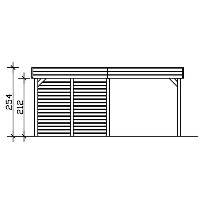 SKAN HOLZ Carport Friesland - Außenmaß inkl. Dachüberstand (B x T): 5,57 x 7,08 m, Doppelcarport, Nussbaum, Mit Abstellraum - Bild einer Carport-Seitenansicht mit horizontalen Lamellen und Maßangaben (254, 212), ideal für Bauprojekte und Designinspirationen.