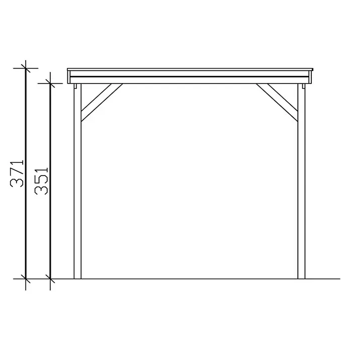 SKAN HOLZ Carport Friesland - Außenmaß inkl. Dachüberstand (B x T): 3,97 x 5,55 m, Einzelcarport, Nussbaum, Carport geeignet für: Caravans - Produktabbildung einer Pergola-Konstruktion mit Maßangaben. Die Gesamthöhe beträgt 371 Einheiten, die Höhe bis zur Unterkante des Daches 351 Einheiten.