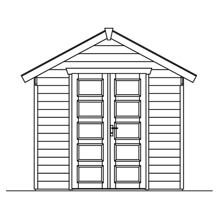 SKAN HOLZ Gartenhaus Hengelo - Außenmaß inkl. Dachüberstand (B x T): 280 x 355 cm, Holz, Schiefergrau - Skizze eines Gartenhauses mit Doppeltür und Satteldach, ideal für die Aufbewahrung von Gartengeräten und Werkzeugen.