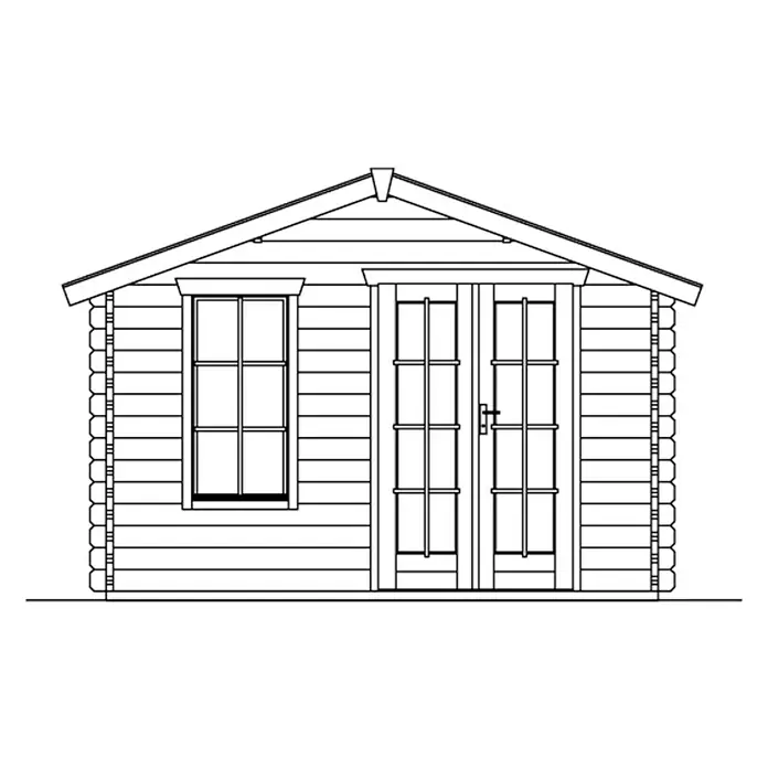 SKAN HOLZ Gartenhaus Langesund 2 - Außenmaß inkl. Dachüberstand (B x T): 380 x 400 cm, Holz, Natur - Abbildung eines Gartenhauses mit Fenster und Doppeltür. Die Wände bestehen aus horizontalen Holzplanken.