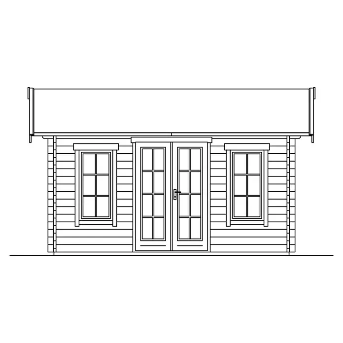 SKAN HOLZ Gartenhaus Lugano 1 - Außenmaß inkl. Dachüberstand (B x T): 500 x 380 cm, Holz, Natur, 2 Lagen Dachschaltung - Illustration eines Holzhauses mit Fenstern und Doppeltür. Das Haus hat ein einfaches Dach und eine lineare Darstellung.