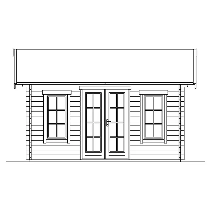 SKAN HOLZ Gartenhaus Lugano 2 - Außenmaß inkl. Dachüberstand (B x T): 500 x 460 cm, Holz, Natur, 1 Lage Dachschalung - Abbildung einer Holzhütte mit Doppeltür und Fenstern.