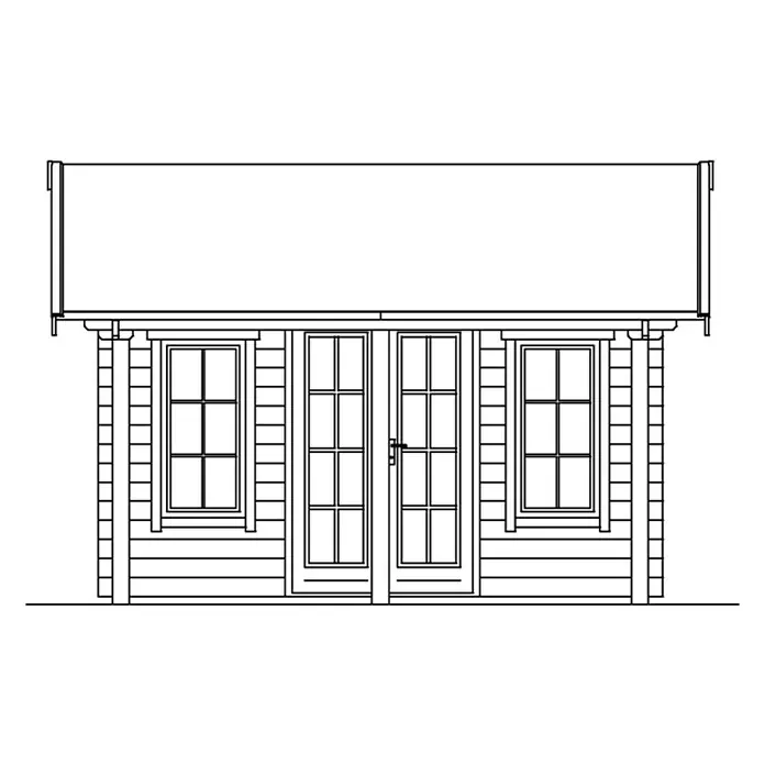 SKAN HOLZ Gartenhaus Luzern - Außenmaß inkl. Dachüberstand (B x T): 460 x 580 cm, Holz, Natur, Dachschalung & Dachlattung - Fassadenansicht eines Holzhauses mit Doppeltür und zwei Fenstern, dargestellt in einer klaren Strichzeichnung. Das Haus hat ein breites Vordach.