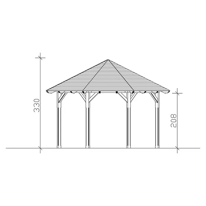 SKAN HOLZ Pavillon Lyon 2 - L x B: 484 x 484 cm, Nussbaum - Detaillierte Zeichnung eines Pavillons mit Maßen, die die Höhe des Gebäudes und die Höhe der Pfosten angeben.