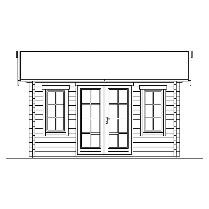 SKAN HOLZ Gartenhaus Montreal 1 - Außenmaß inkl. Dachüberstand (B x T): 500 x 380 cm, Holz, Natur, Dachschalung & Dachlattung - Zeichnung eines Gartenhauses mit Fenstern und Doppeltür, ideal für den Garten oder als zusätzlicher Wohnraum.