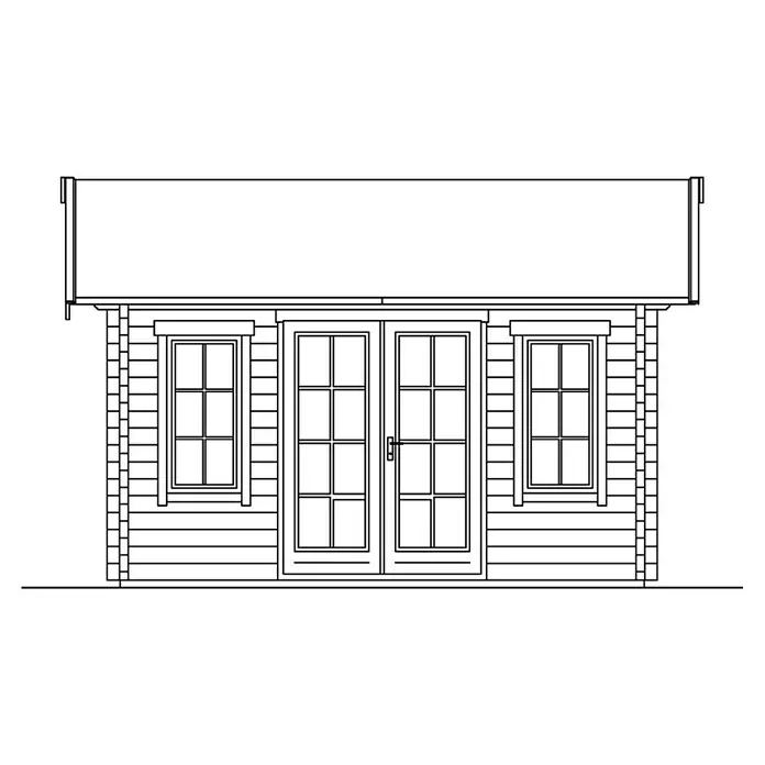 SKAN HOLZ Gartenhaus Montreal 2 - Außenmaß inkl. Dachüberstand (B x T): 500 x 460 cm, Holz, Natur, Dachschalung & Dachlattung - Ansicht eines Gartenhauses mit Doppeltür und Fenstern. Das Blockhaus hat ein überstehendes Dach für Wetterschutz.